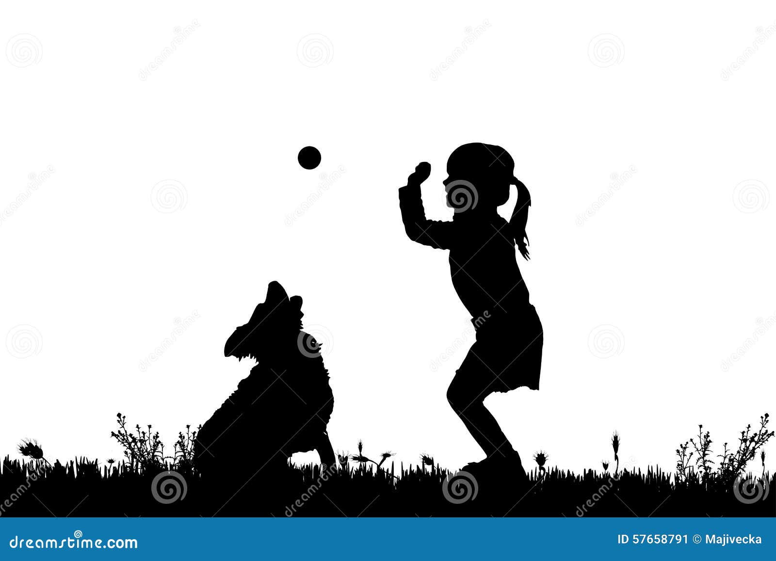 Vector Silhouette Of A Girl With A Dog. Stock Illustration Image