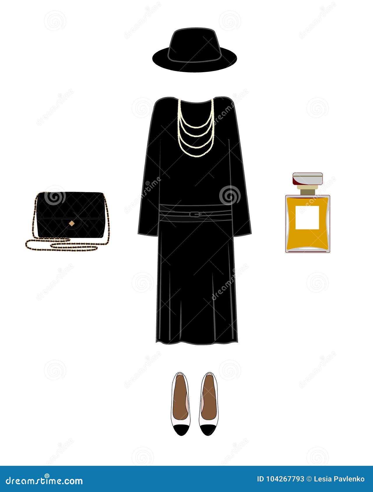 Vector Silhouette of a Lady Classic Image. Dress, Shoes, Hat, Bag, and  Perfume Stock Vector - Illustration of shoes, sign: 104267793