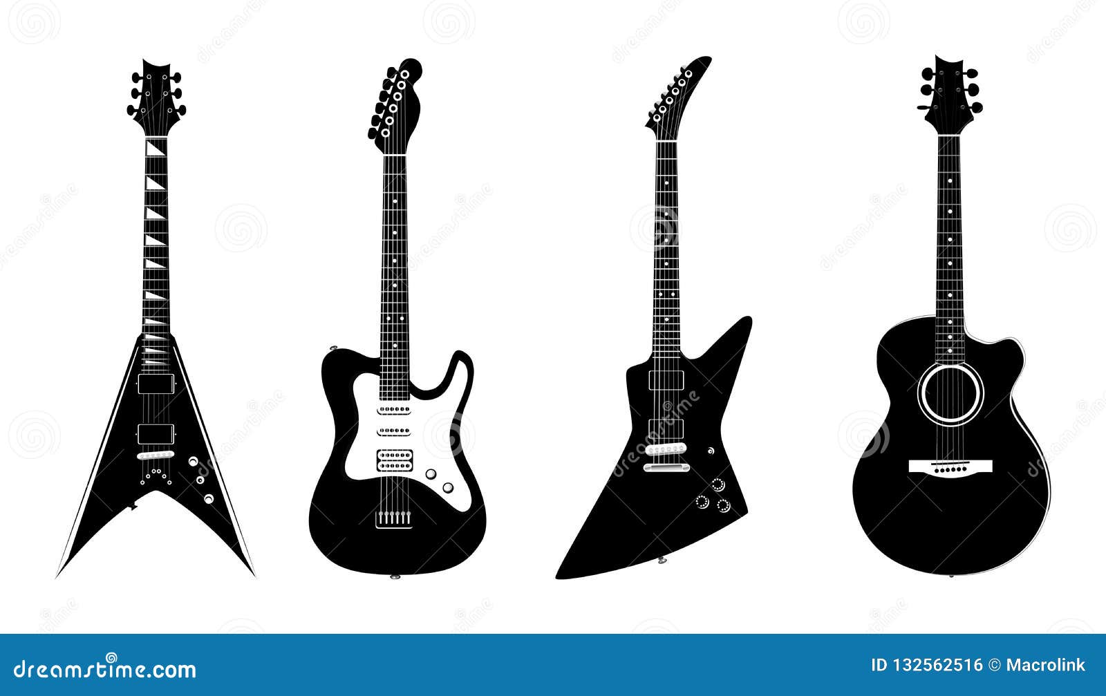  silhouettes of acoustic guitar and electric guitars black color  on white.
