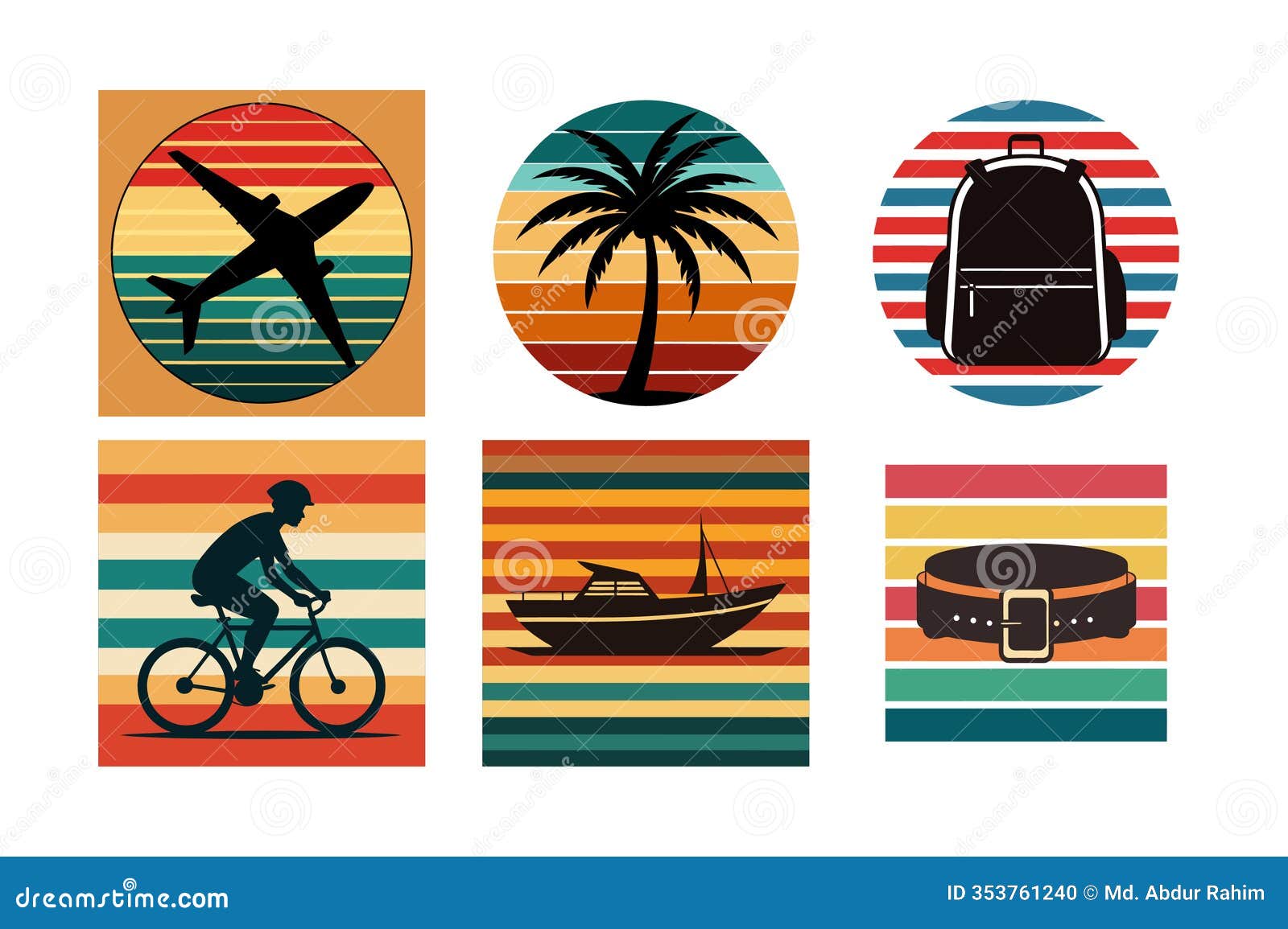  silhouettes of airplane, palm, backpack, bell, and bicycle on retro stripe background