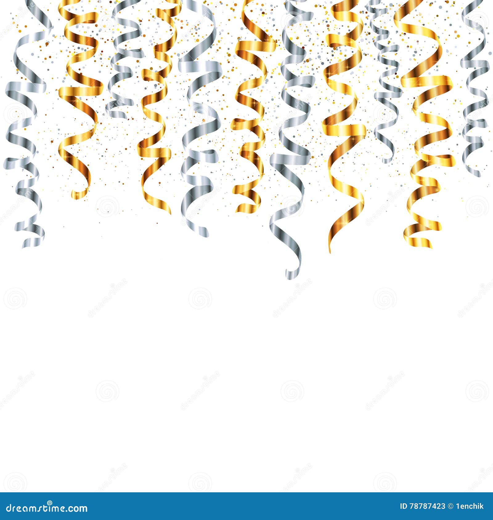 Vector Silver and Gold Serpentine with Metallic Dust Confetti on White