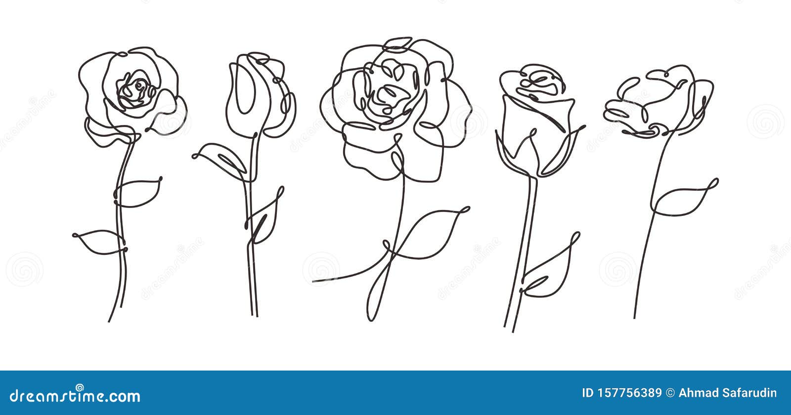  single one line drawn set of flowers. rose flower drawing outline   on white background. botanical