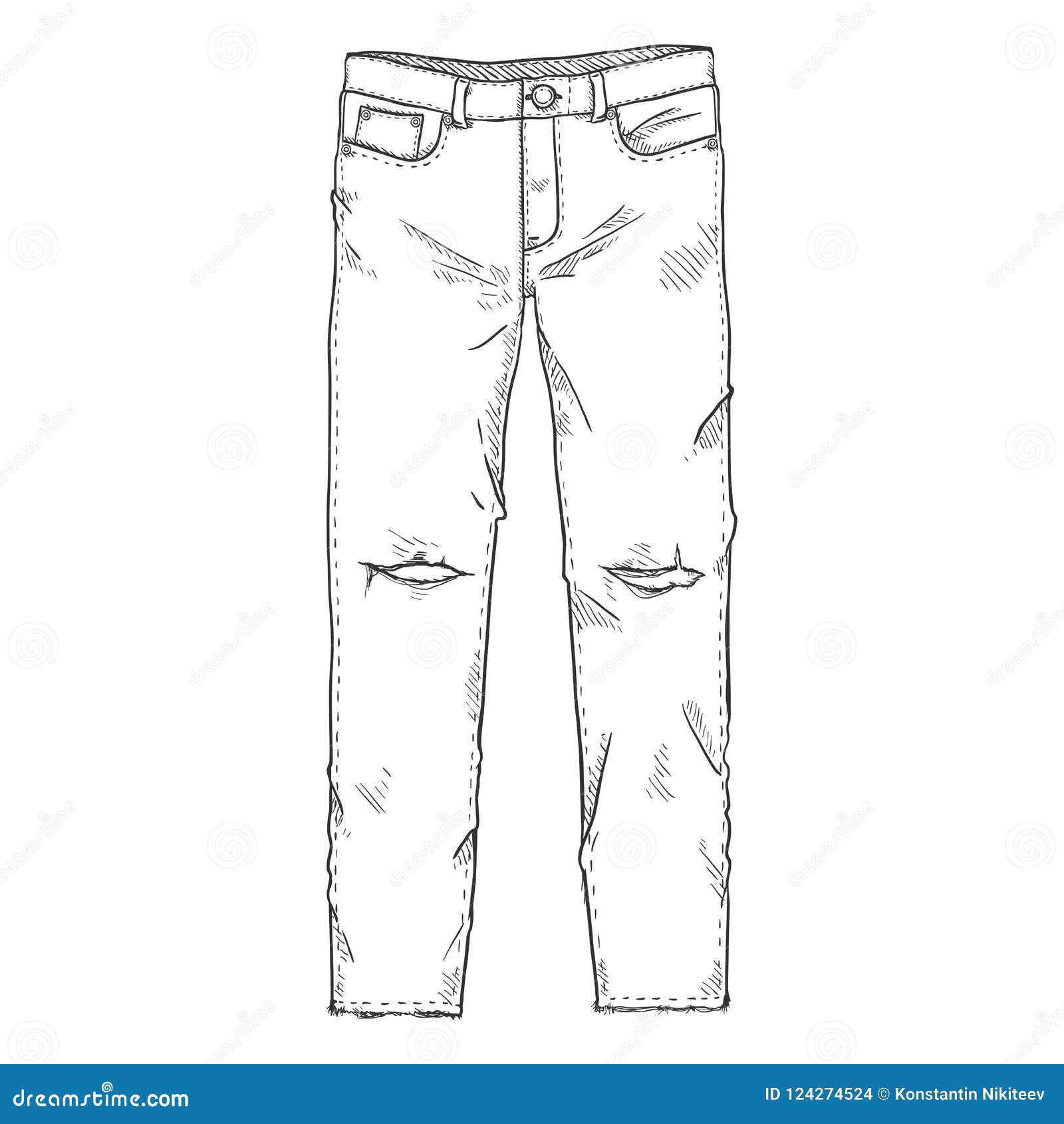 Vector Sketch Illustration - Ripped Denim Jeans on White Background