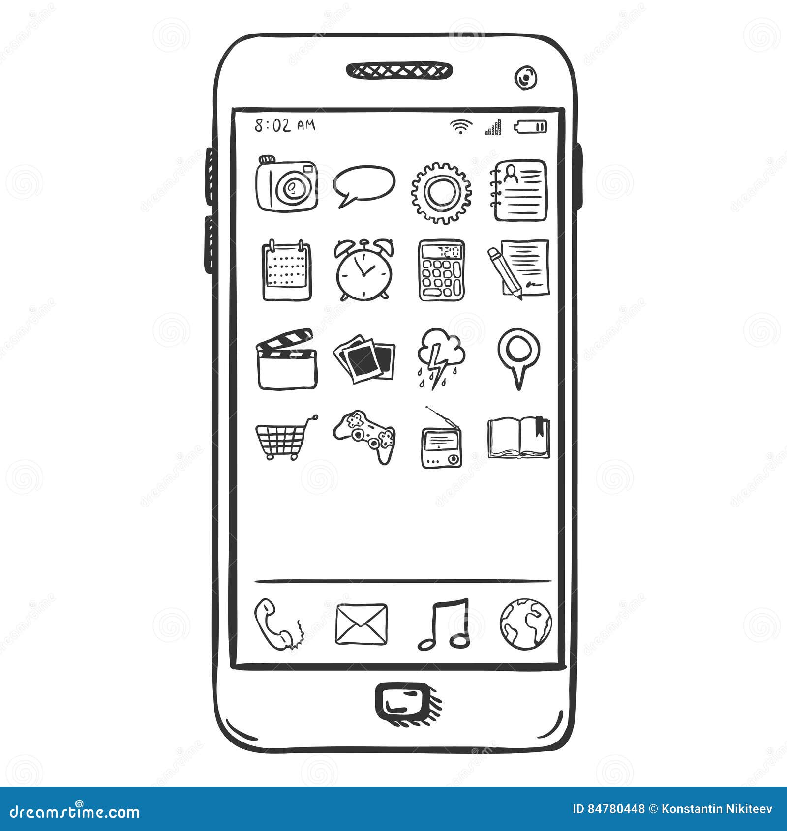 Vector Single Sketch Smartphone with Mobile Icons Stock Vector