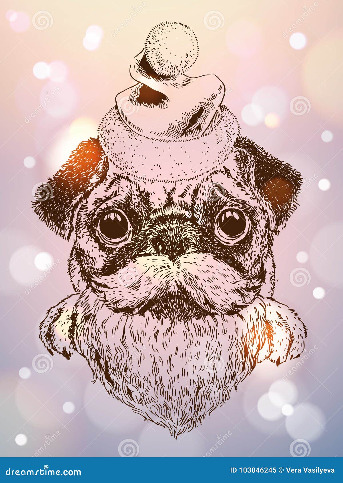 Vector Sketch Of Cute Pug Puppy With Santa Hat, Moustache