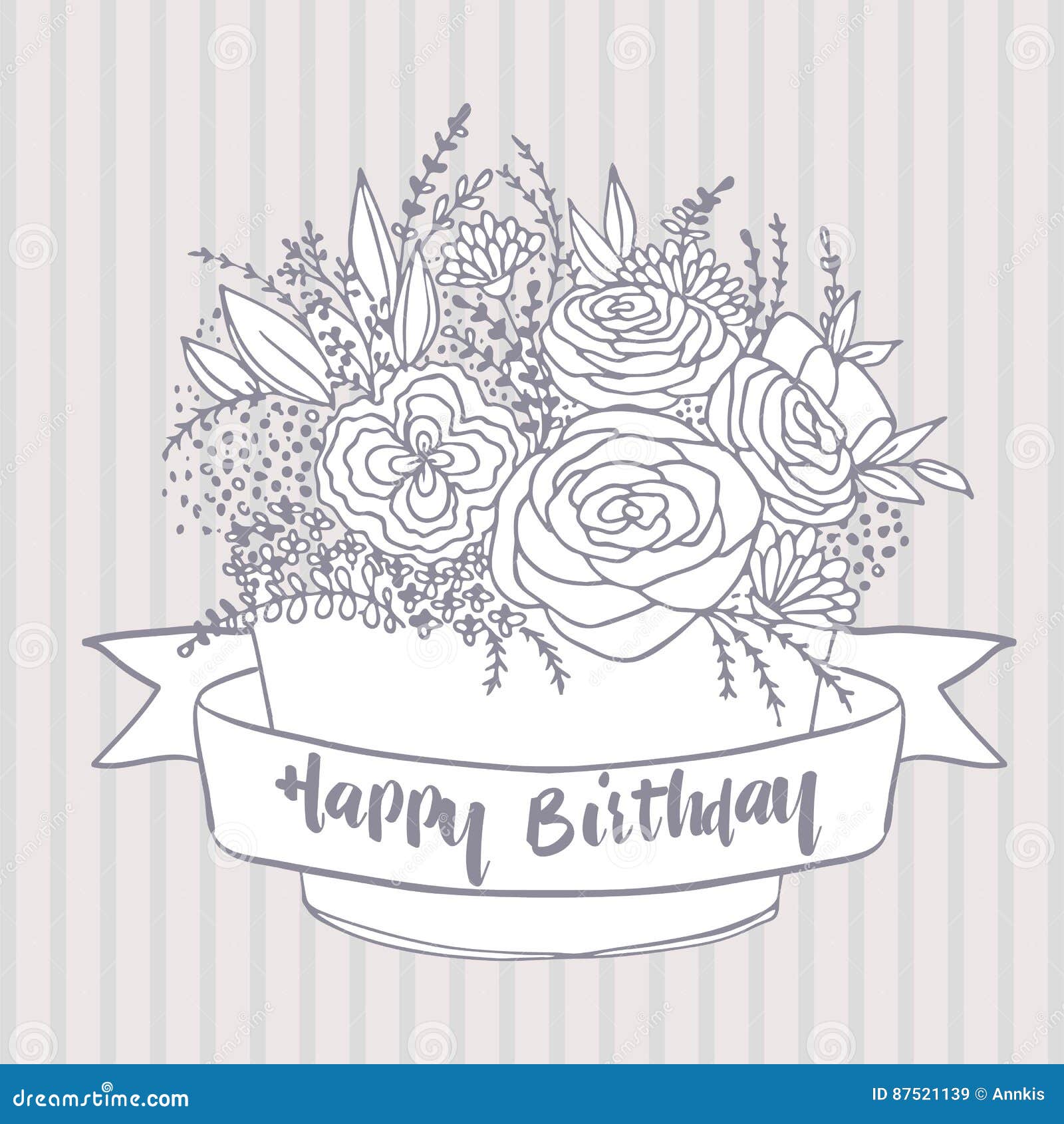 Vector Sketch, Festive Flowers with Happy Birthday Wish Stock ...