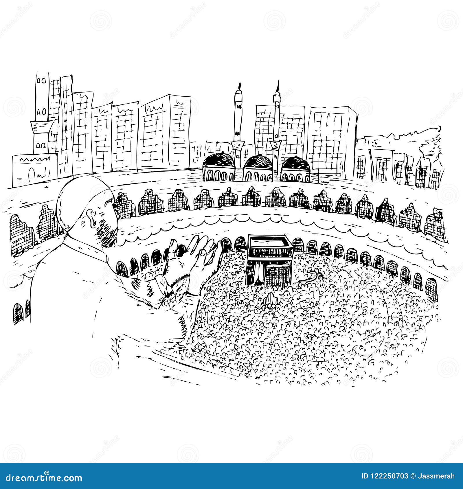 sketch of muslim, islam man pray in front of kaaba in mecca saudi arabia
