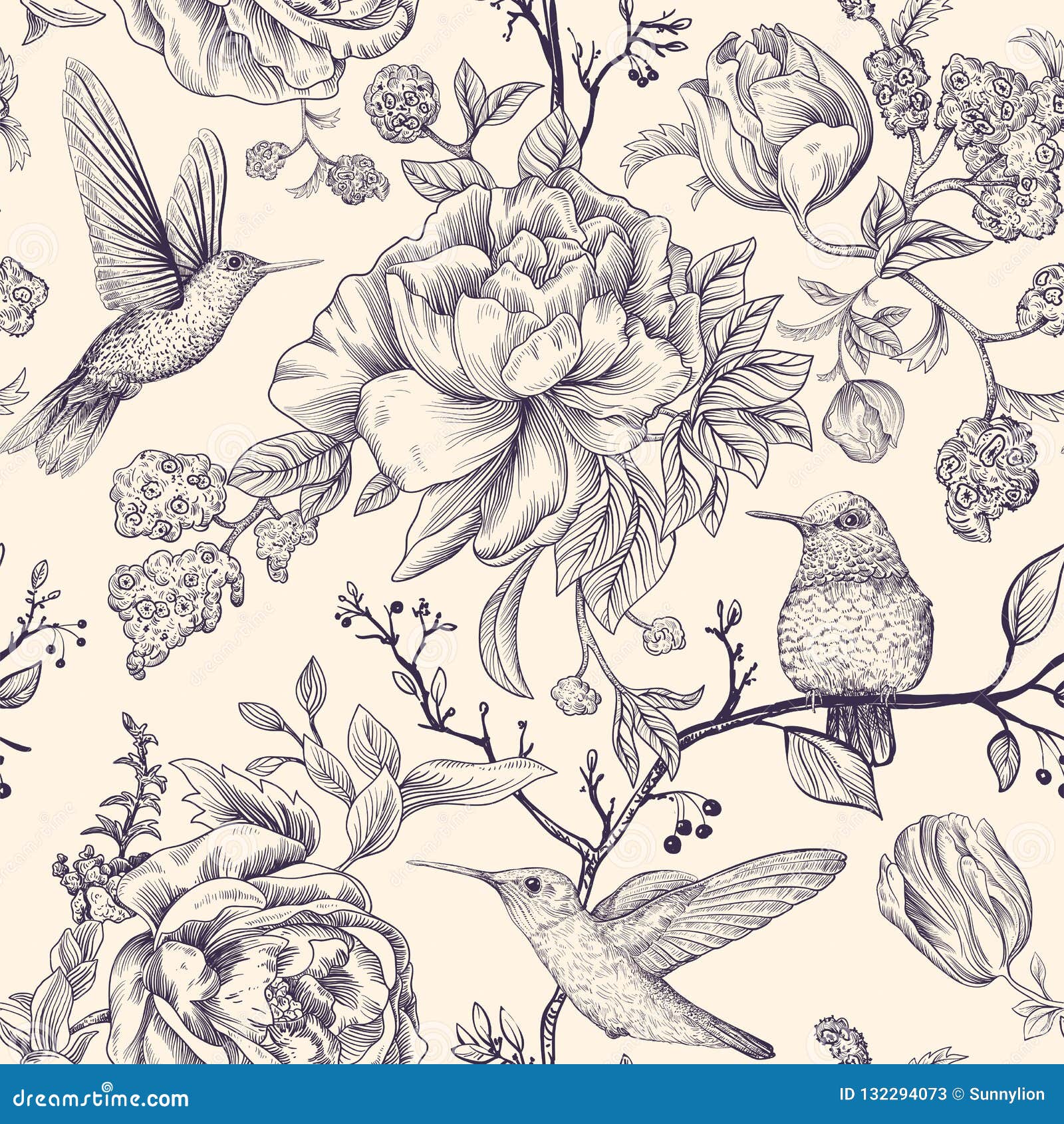  sketch pattern with birds and flowers. monochrome flower  for web, wrapping paper, phone cover, textile