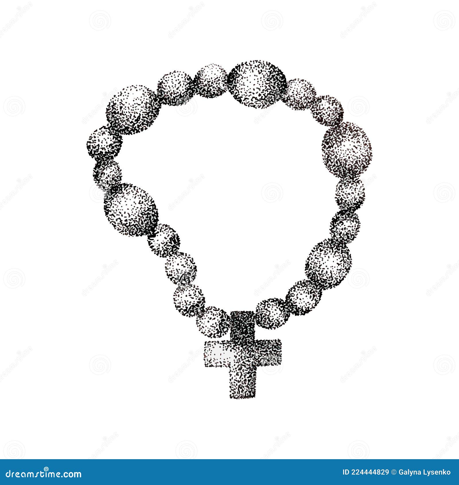 Catholic Prayer Beads with Cross.Hand Drawn Vintage Drawing of the