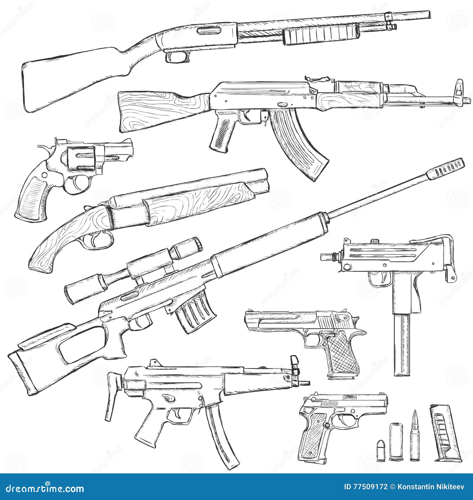 Vector Sketch Set Of Firearm Weapons Stock Illustration ...
