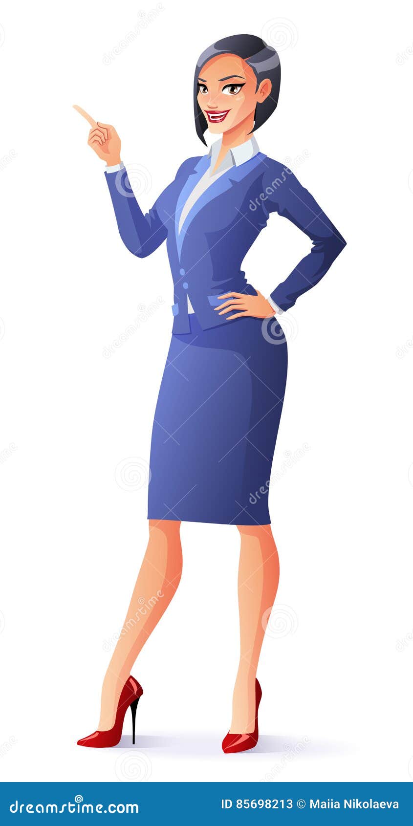 Vector Smiling Business Woman in Suit with Finger Pointing Up. Stock