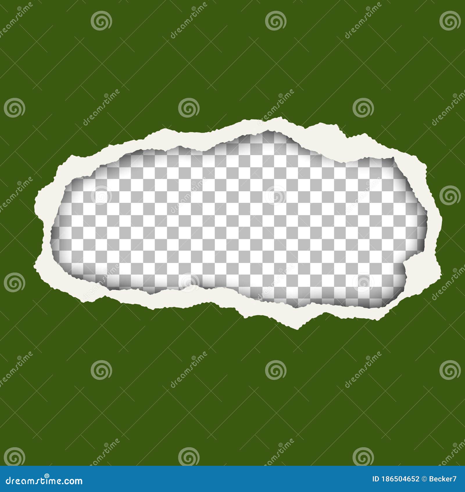  snatched hole in green foliage color paper sheet. transparent background of resulting window has space for text or ad. torn