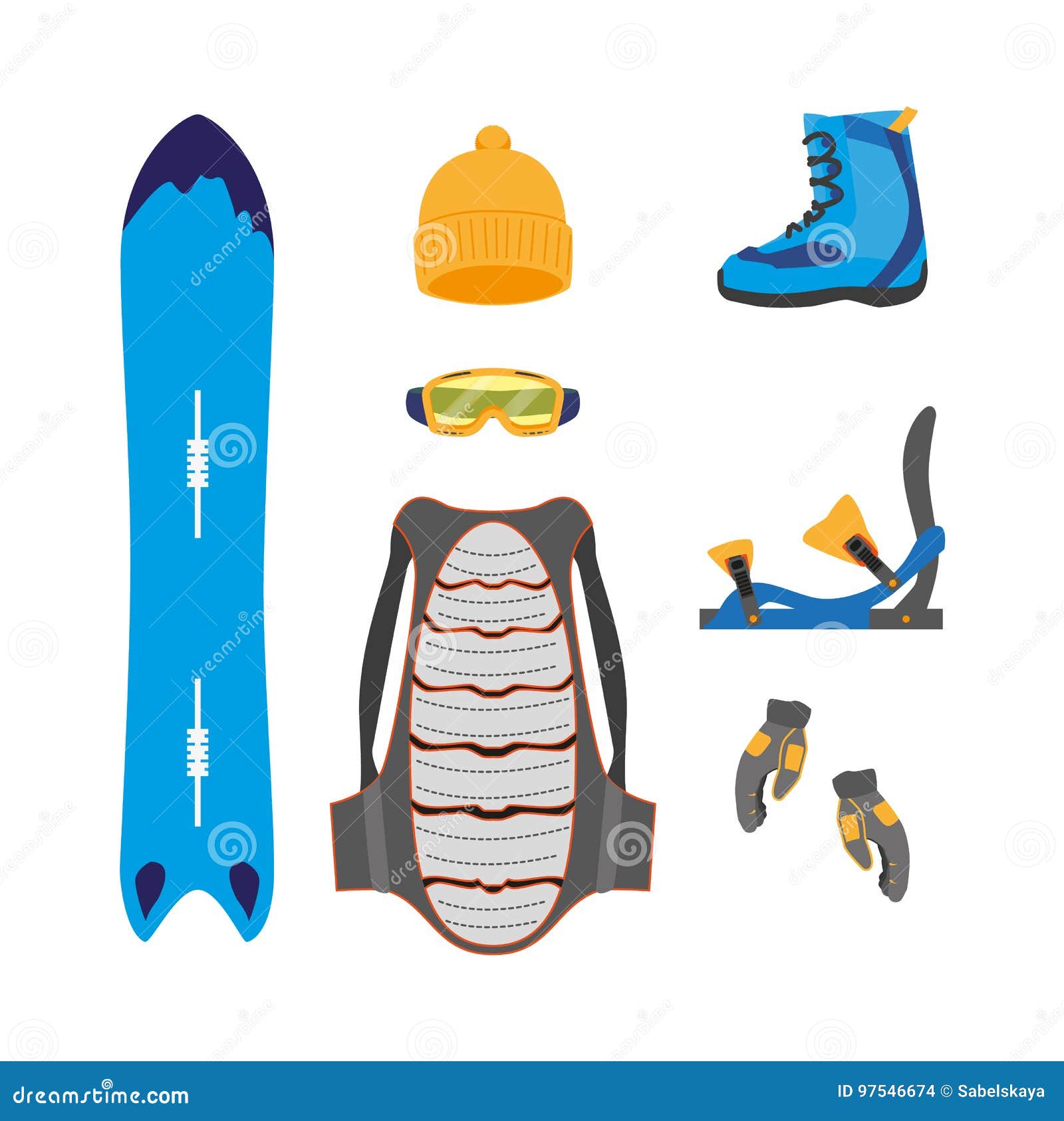 Vector Snowboarding Equipment Set Flat Stock Vector Illustration of