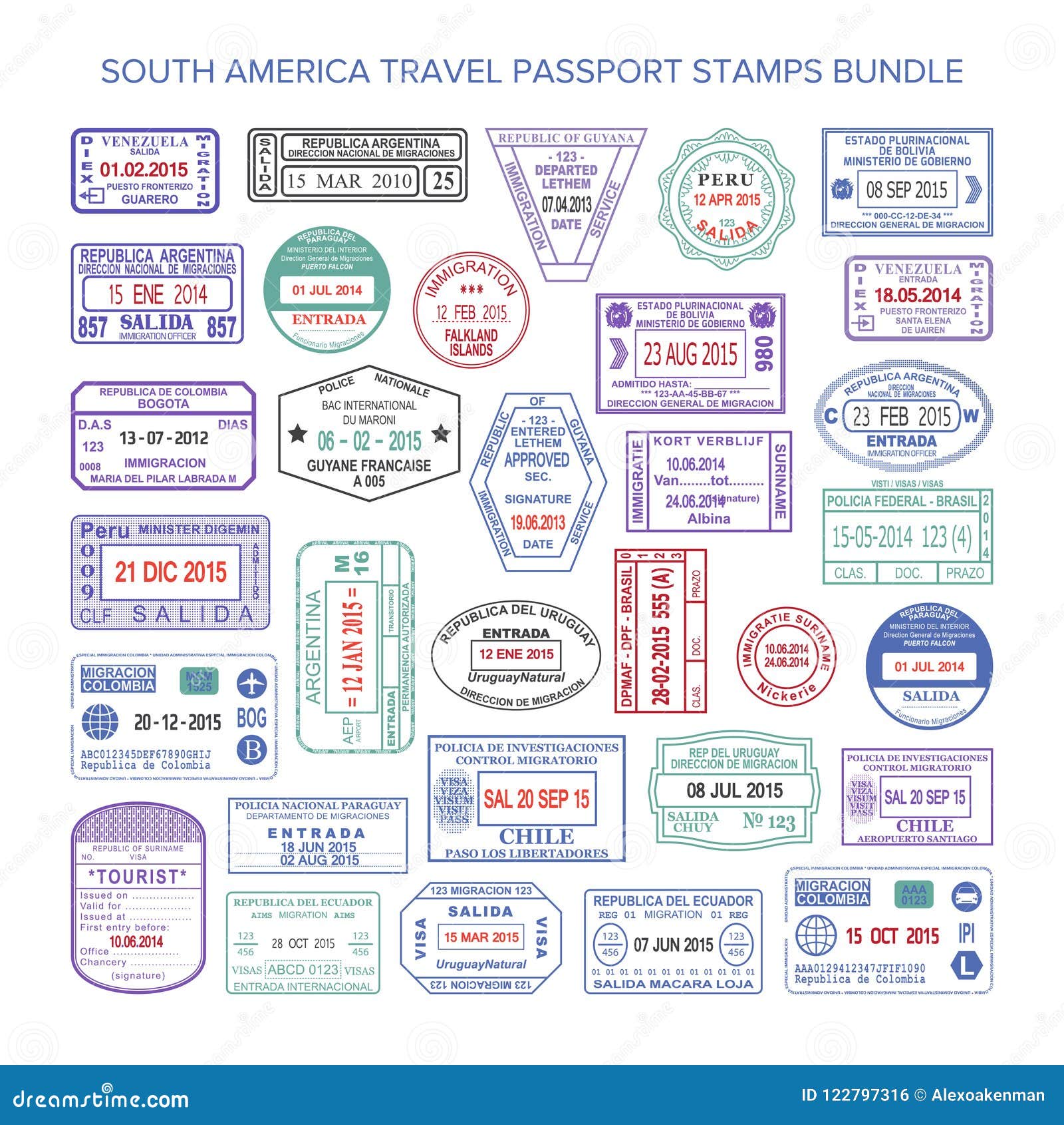  south america colour travel visa stamps set