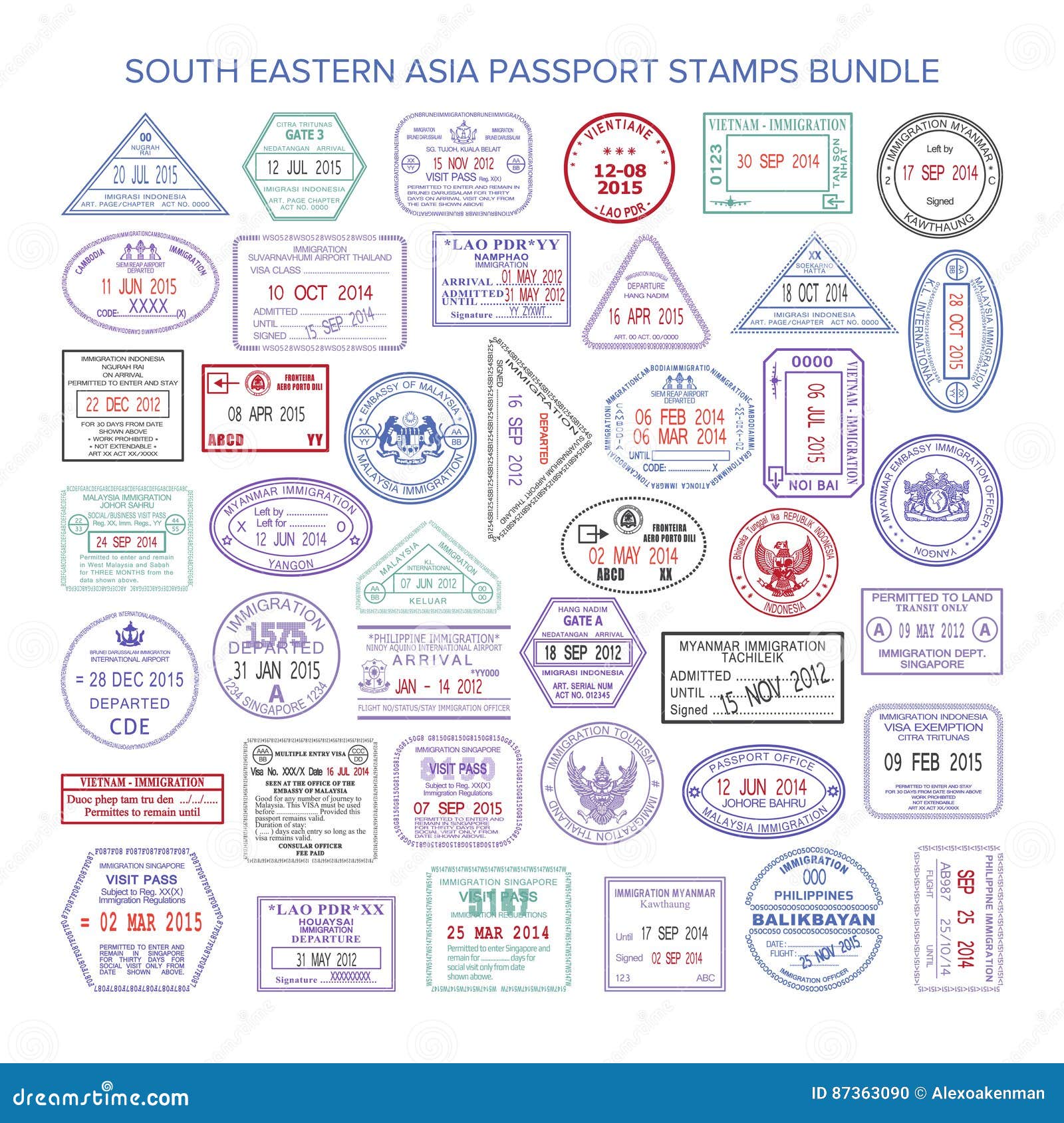  south eastern asia color travel visa stamps bundle