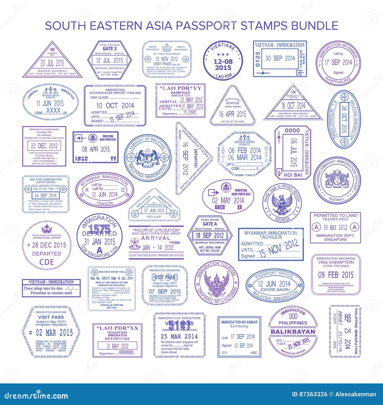  south eastern asia travel visa stamps set