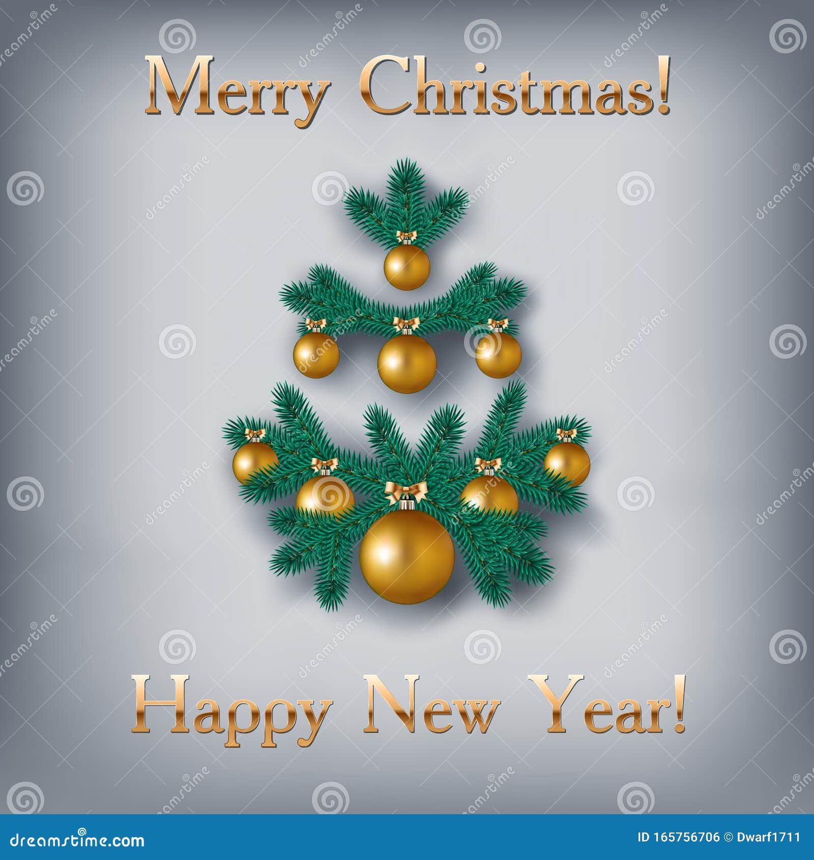 Vector square banner or social media post template with Christmas tree from spruce branches and decorative balls. Golden Merry Christmas Happy New Year text on gray background.