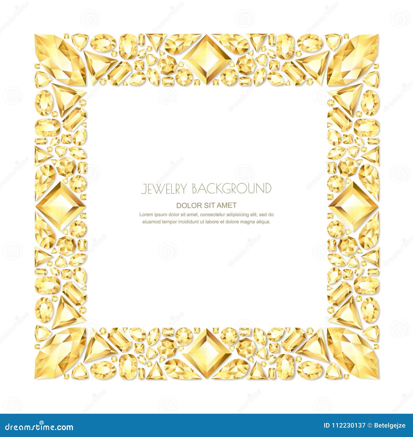  square frame from realistic golden gems and jewels on white background. shiny diamonds jewelry  s.