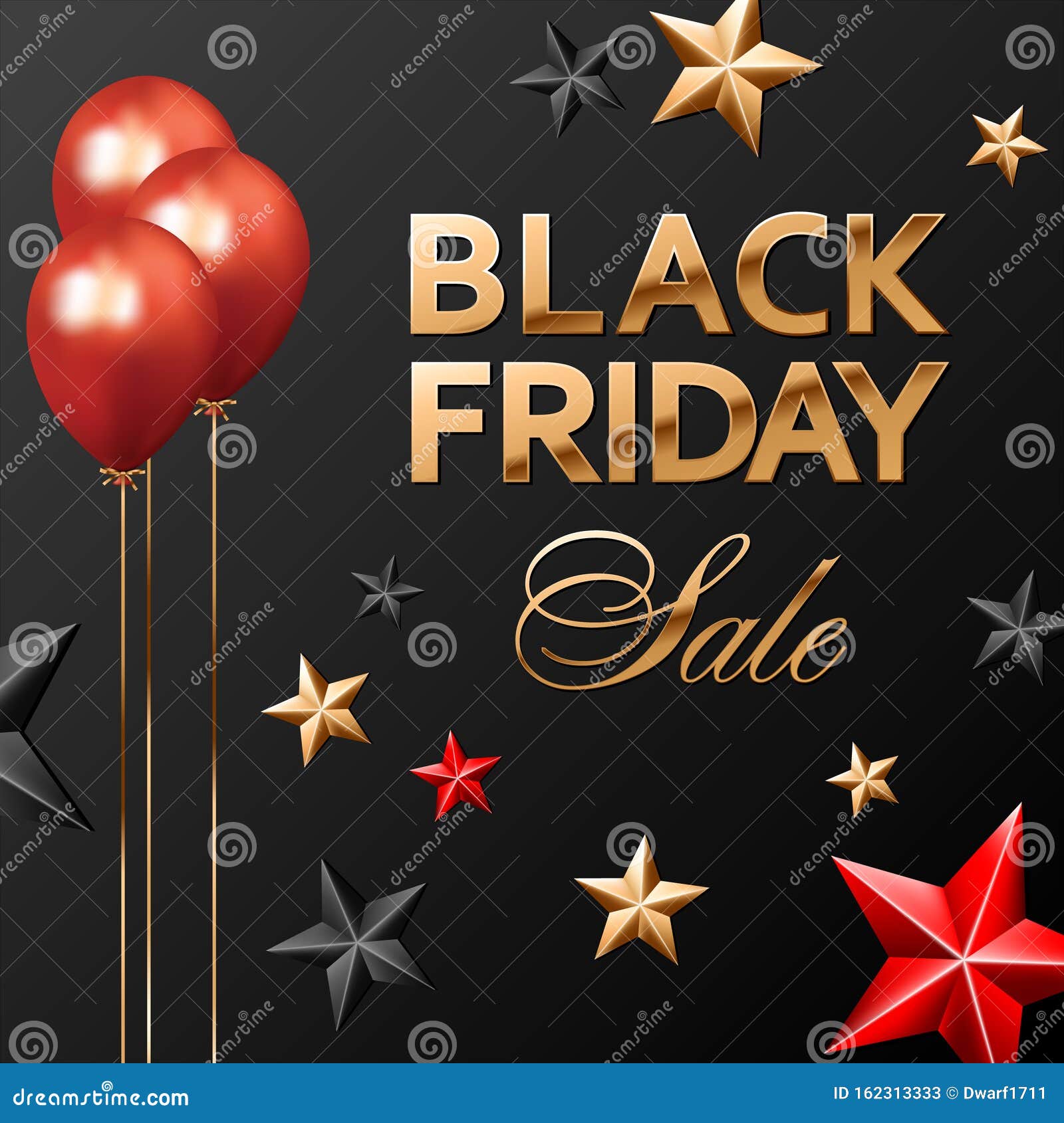 Vector square social media or banner teplate. Black Friday sale concept with shiny golden lettering on black background. Red baloons and red, gold and black stars.
