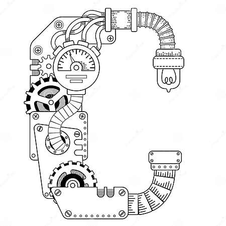 Vector Steampunk Coloring Book for Adults. Mechanical Letter Alphabet ...