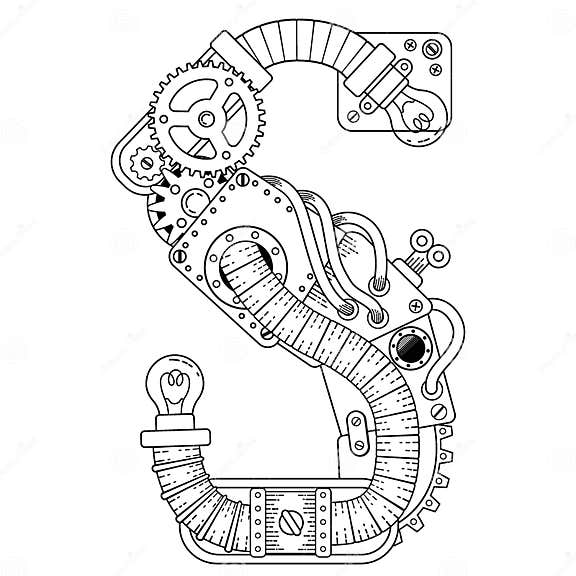 Vector Steampunk Coloring Book for Adults. Mechanical Letter Alphabet ...