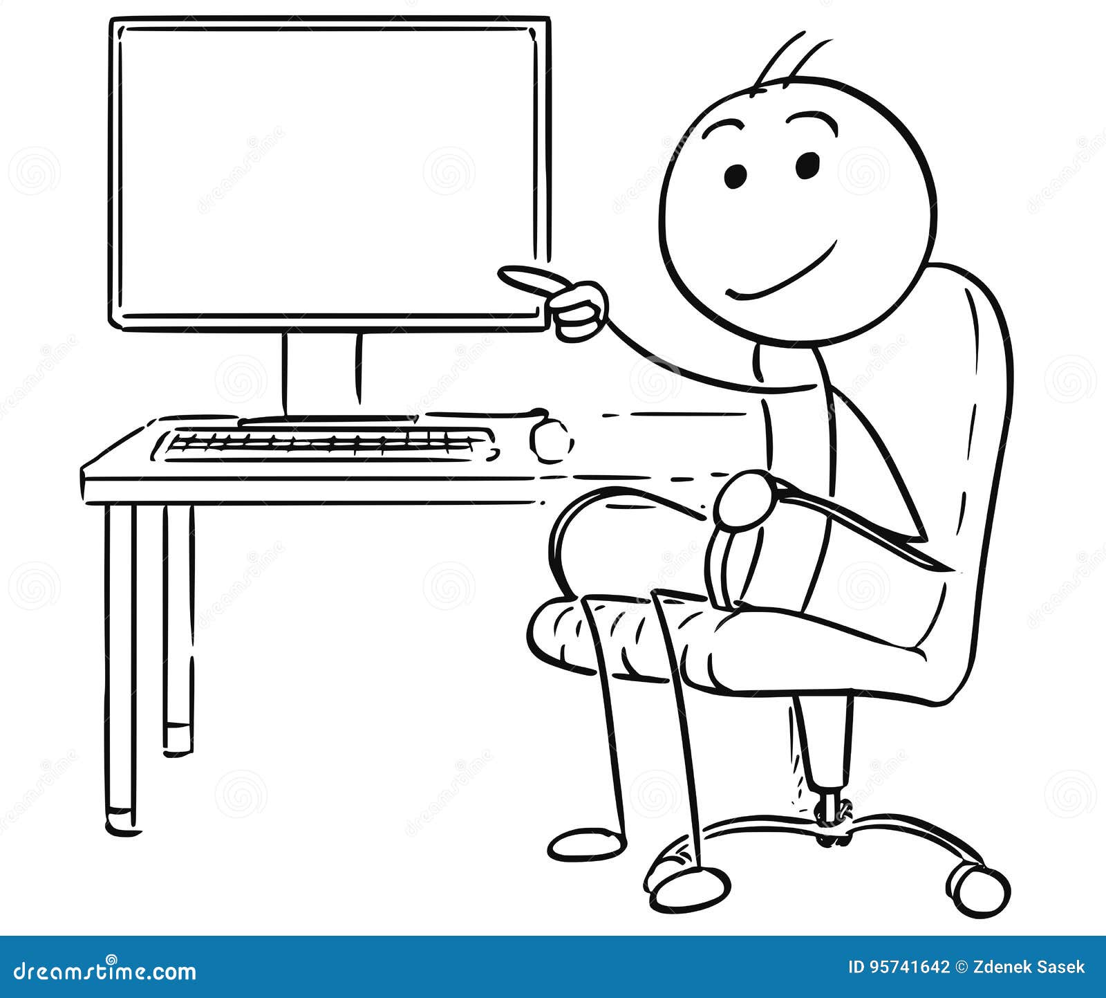  stick man cartoon of man pointing at empty computer