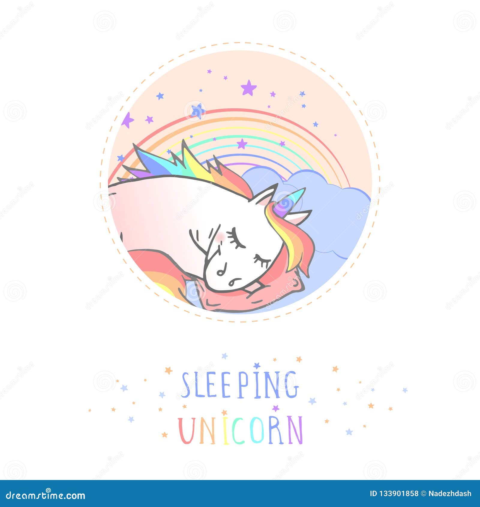 Vector Sticker Or Icon With Hand Drawn Sleeping Unicorn, Pillow And