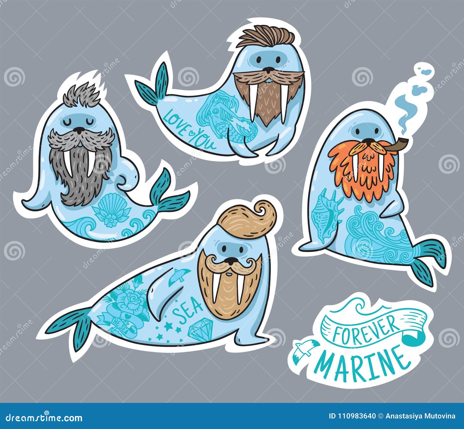 Animals Patch Collection of Hipster Walruses with Beards and Tattoos in  Cartoon Style. Vector Fun Stickers Stock Vector - Illustration of comic,  creativity: 110983640