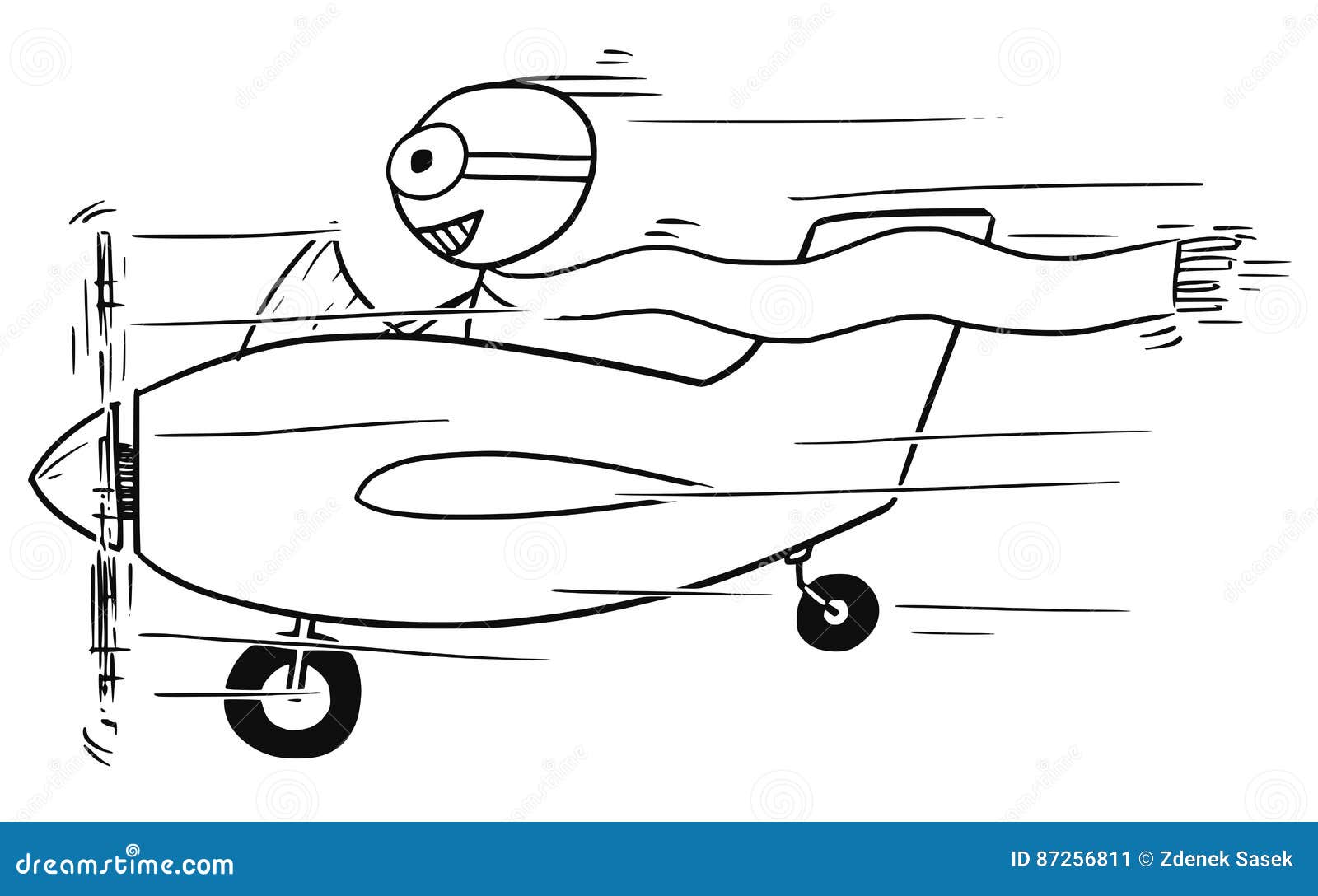 stickman cartoon of smiling man flying small aircraft