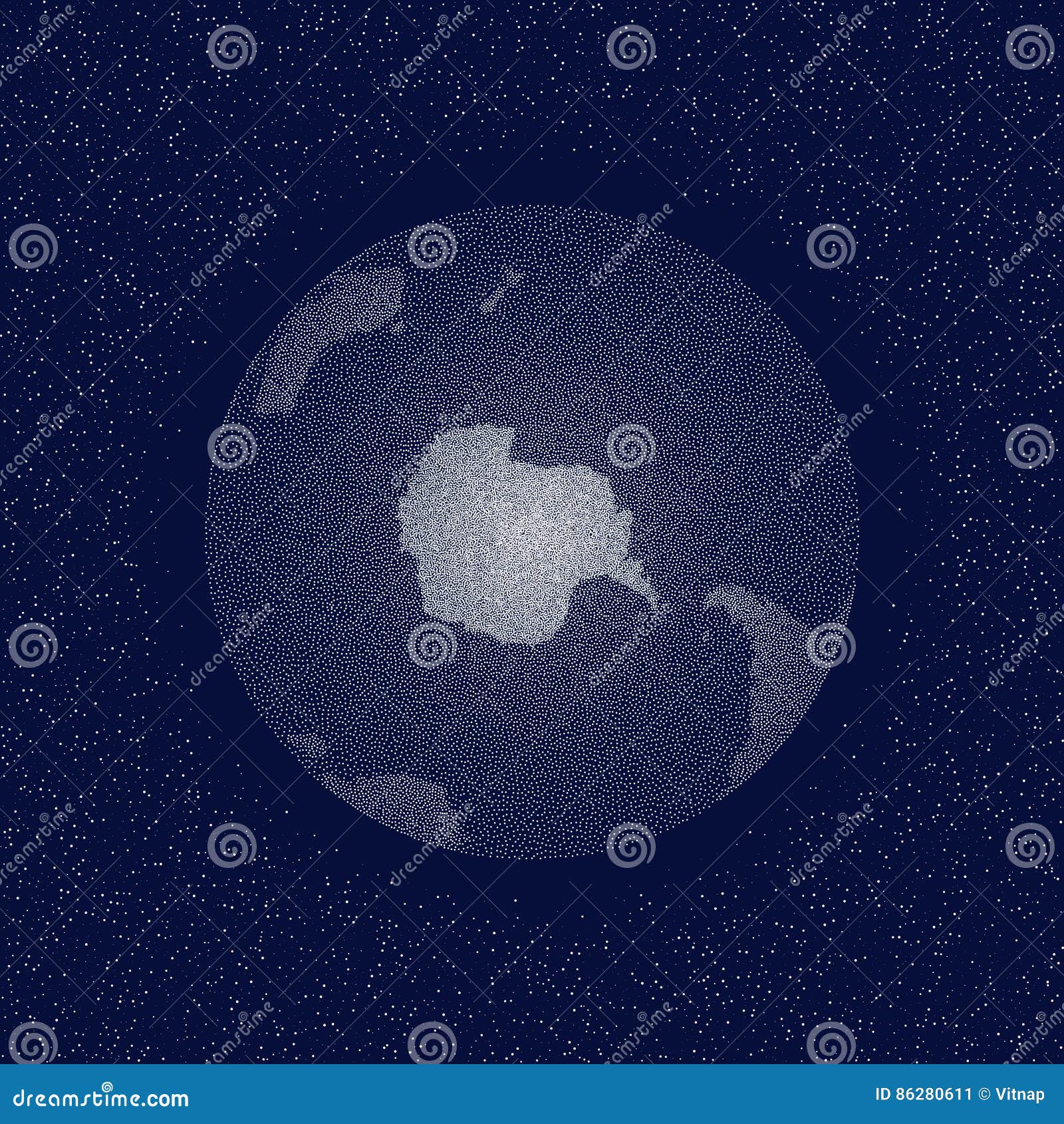 Vector stippled world stylized globe. South Pole. Dark edition