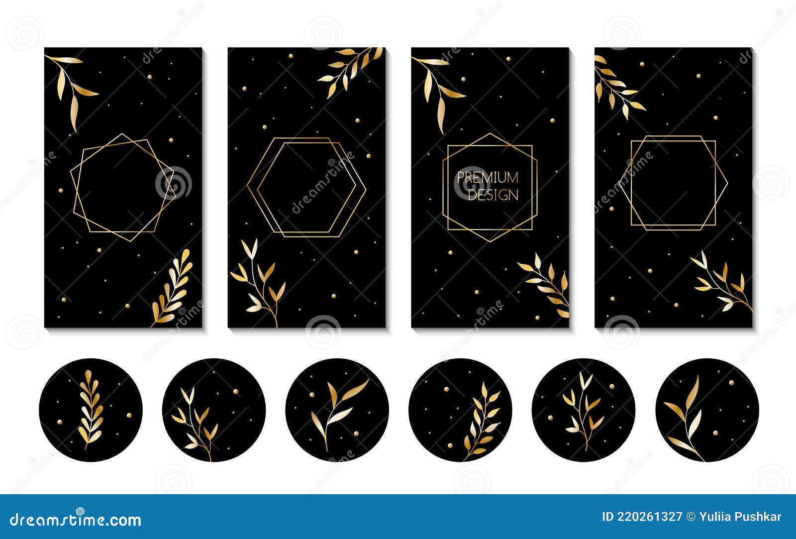 Vector Stories Templates and Highlight Cover Icons for Social Media.  Abstract Black Backgrounds with Golden Leaves Stock Vector - Illustration  of simple, cover: 220261327