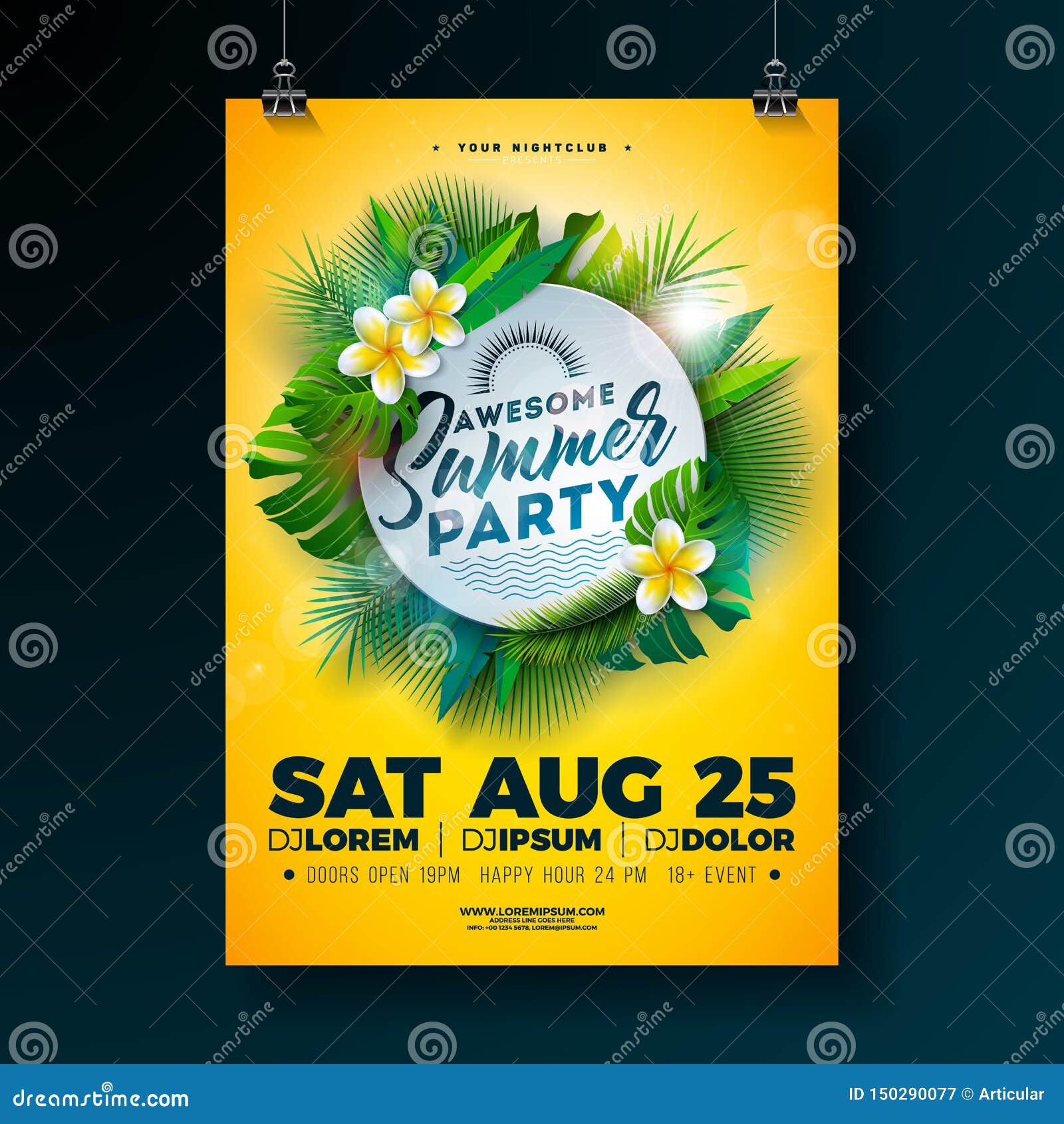 Vector Summer Beach Party Flyer Design With Flower And Tropical Palm Leaves On Yellow Background Summer Design Template Stock Vector Illustration Of Electro Club