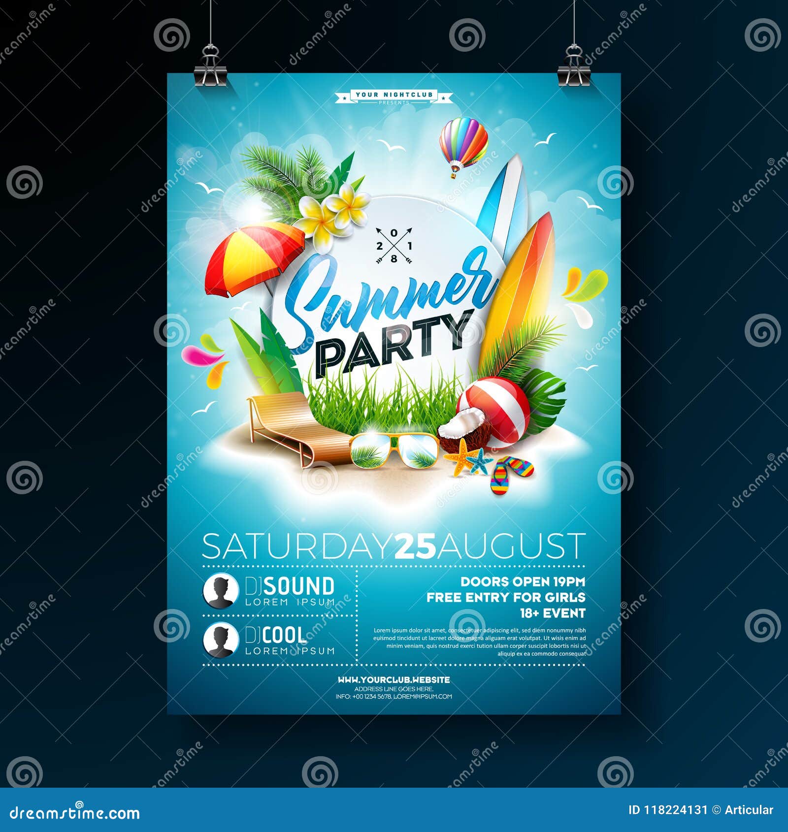 Vector Summer Beach Party Flyer Design with Typographic Elements on Blue  Cloudy Sky Background. Summer Nature Floral Stock Vector - Illustration of  flyer, event: 118224131