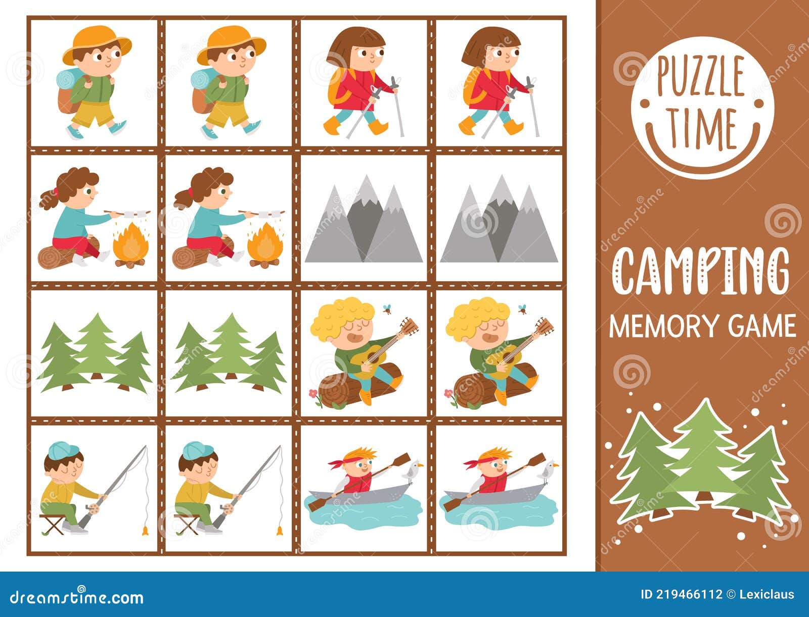 Vector Summer Camp Memory Game Cards With Cute Hiking Kids And Nature Camping Matching Activity Remember And Find Correct Card Stock Vector Illustration Of Cute Card 219466112