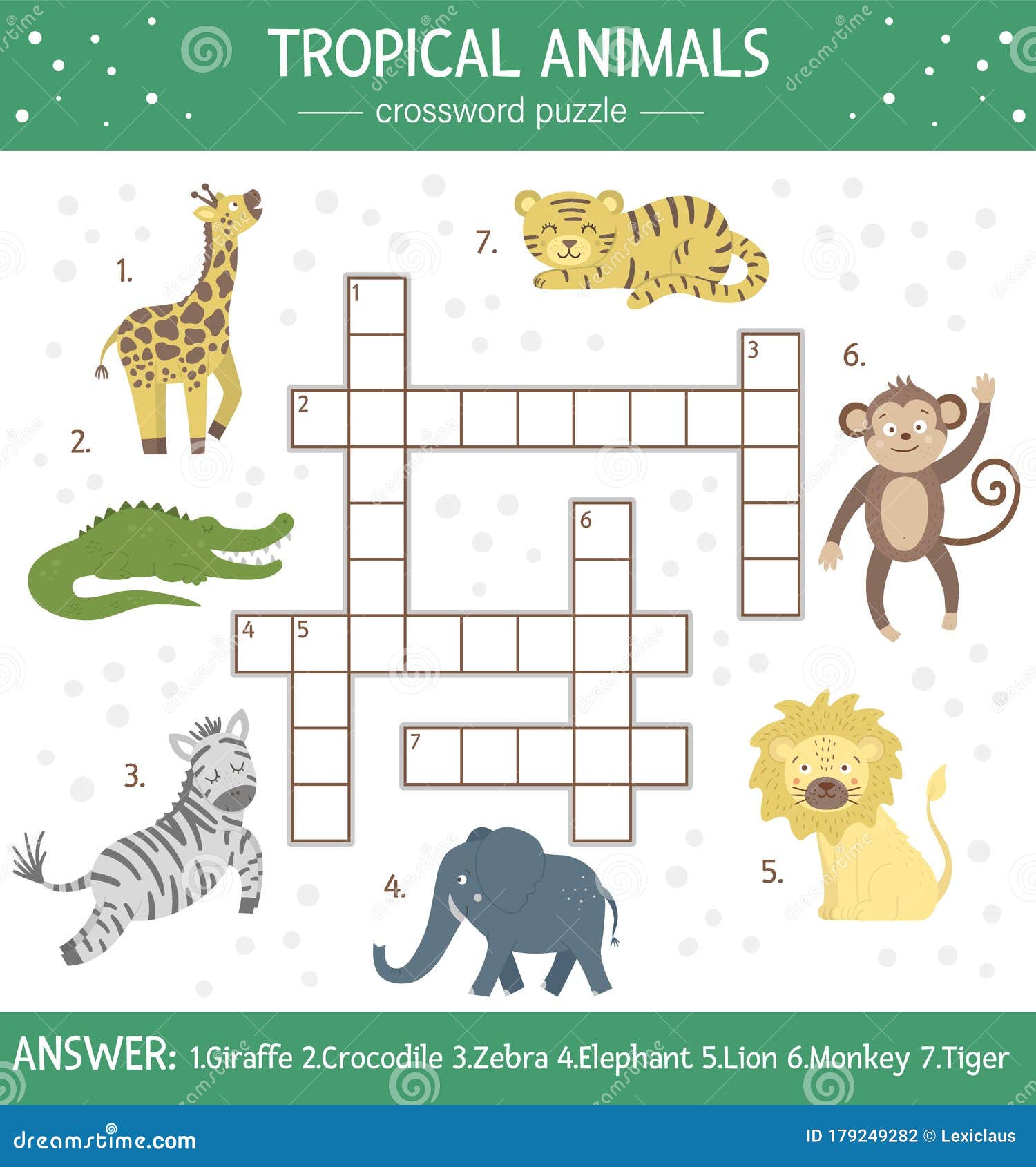Vector Summer Crossword Puzzle for Kids. Simple Quiz with Tropical Animals  for Children Stock Vector - Illustration of animal, giraffe: 179249282