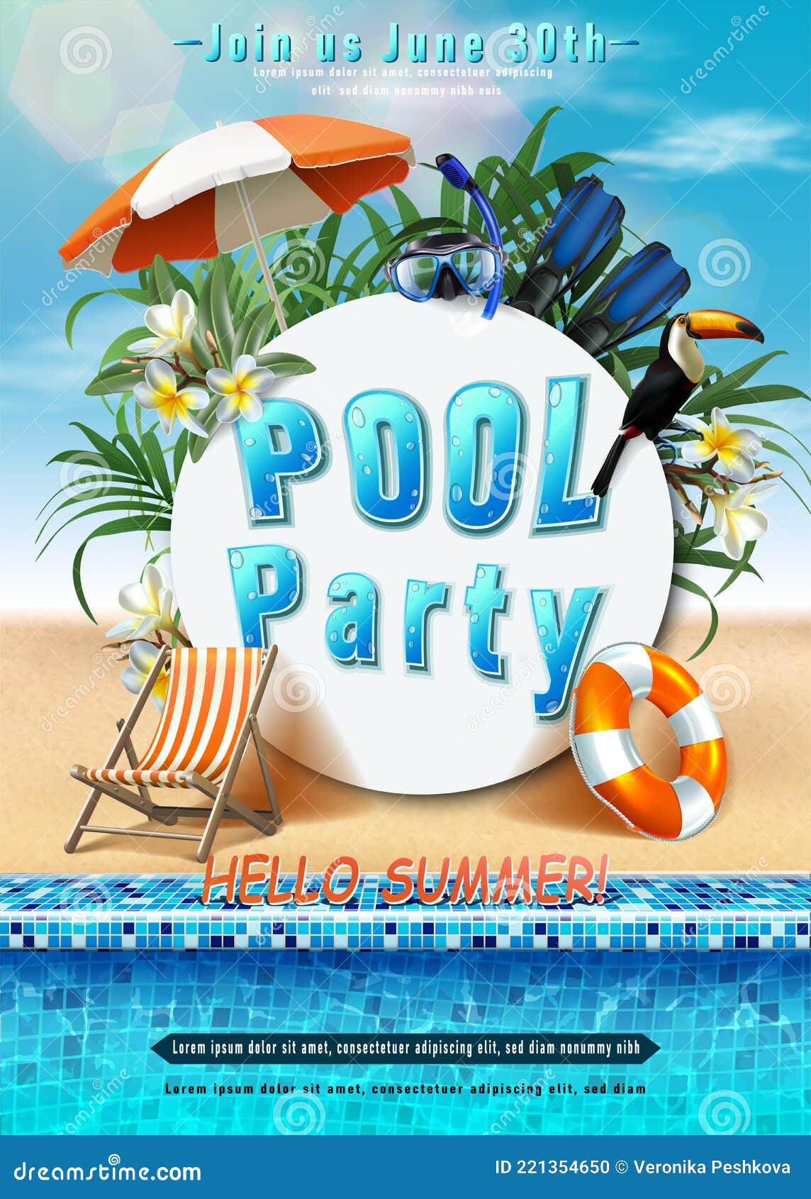 Summer Party Banner Template. Pool Party with Inflatable Ring Stock