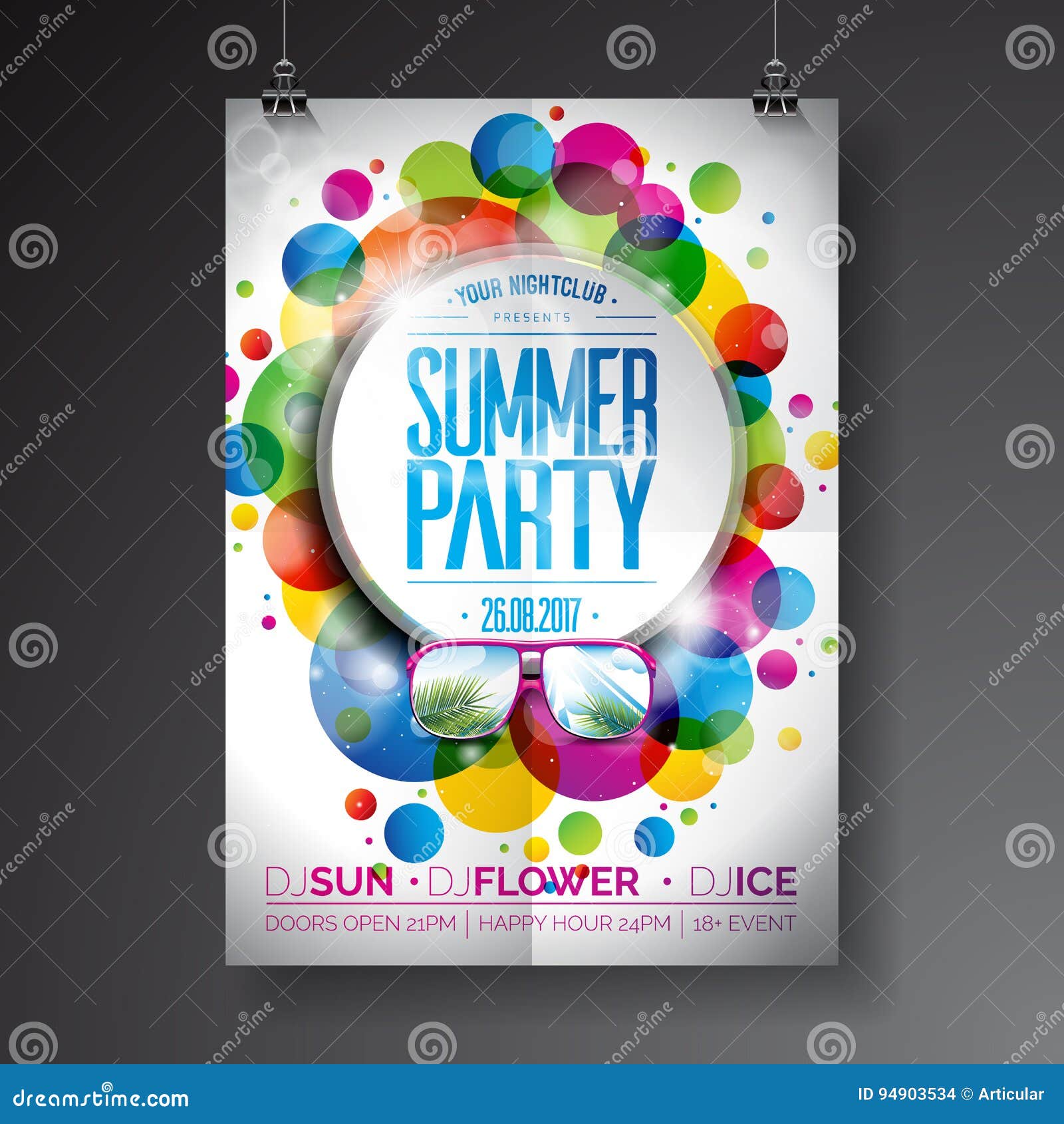  summer party flyer  with typographic  on abstract color circles background.