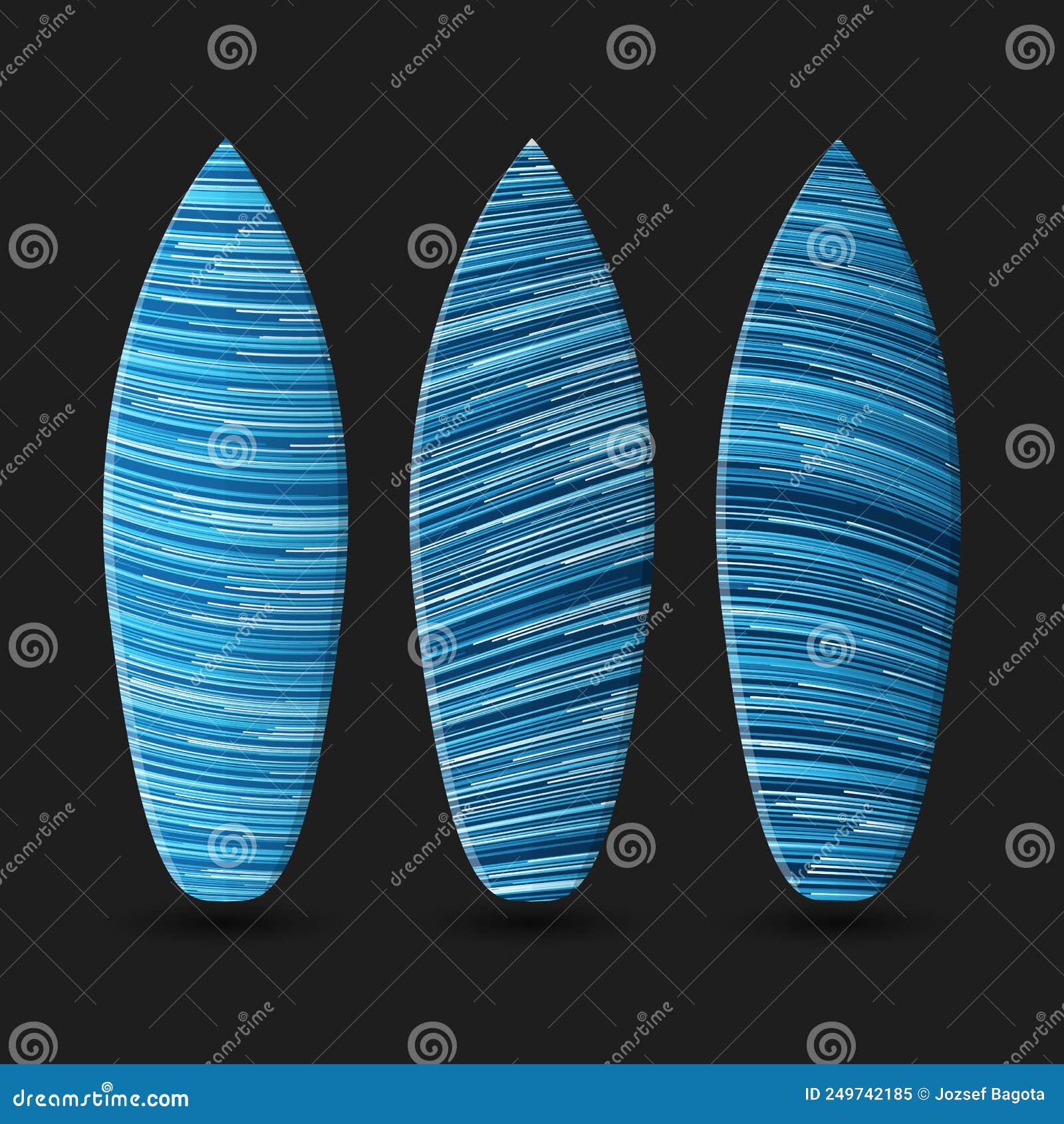 Vector Surfboards Design with Abstract Blue Curving, Wavy Stripes