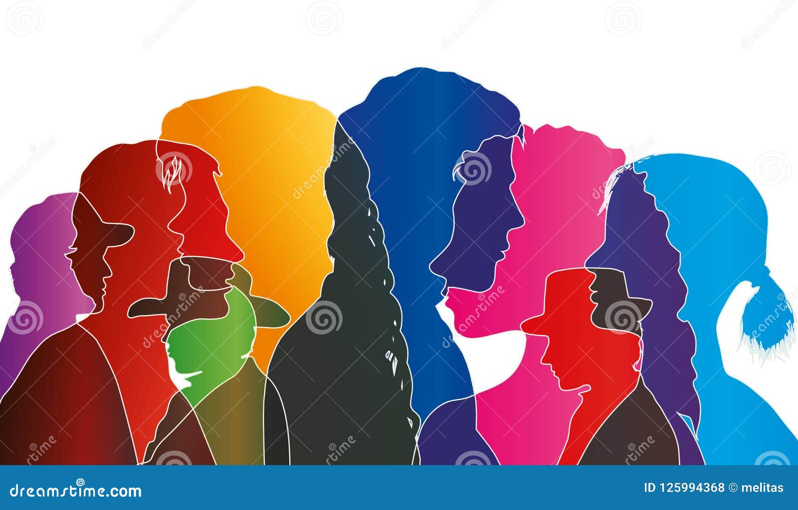  talking crowd . dialogue between people. colored silhouette profiles. multiple exposure 