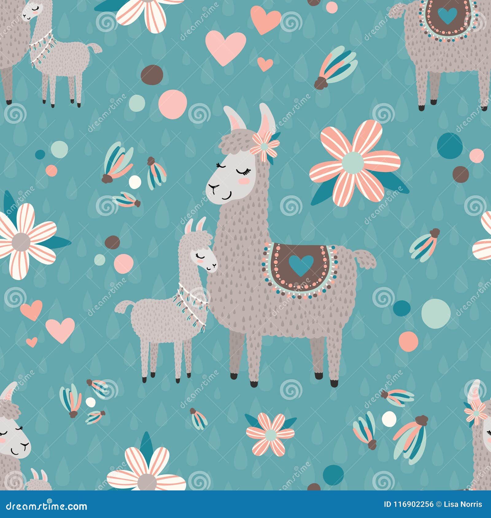  teal mama llama seamless pattern background