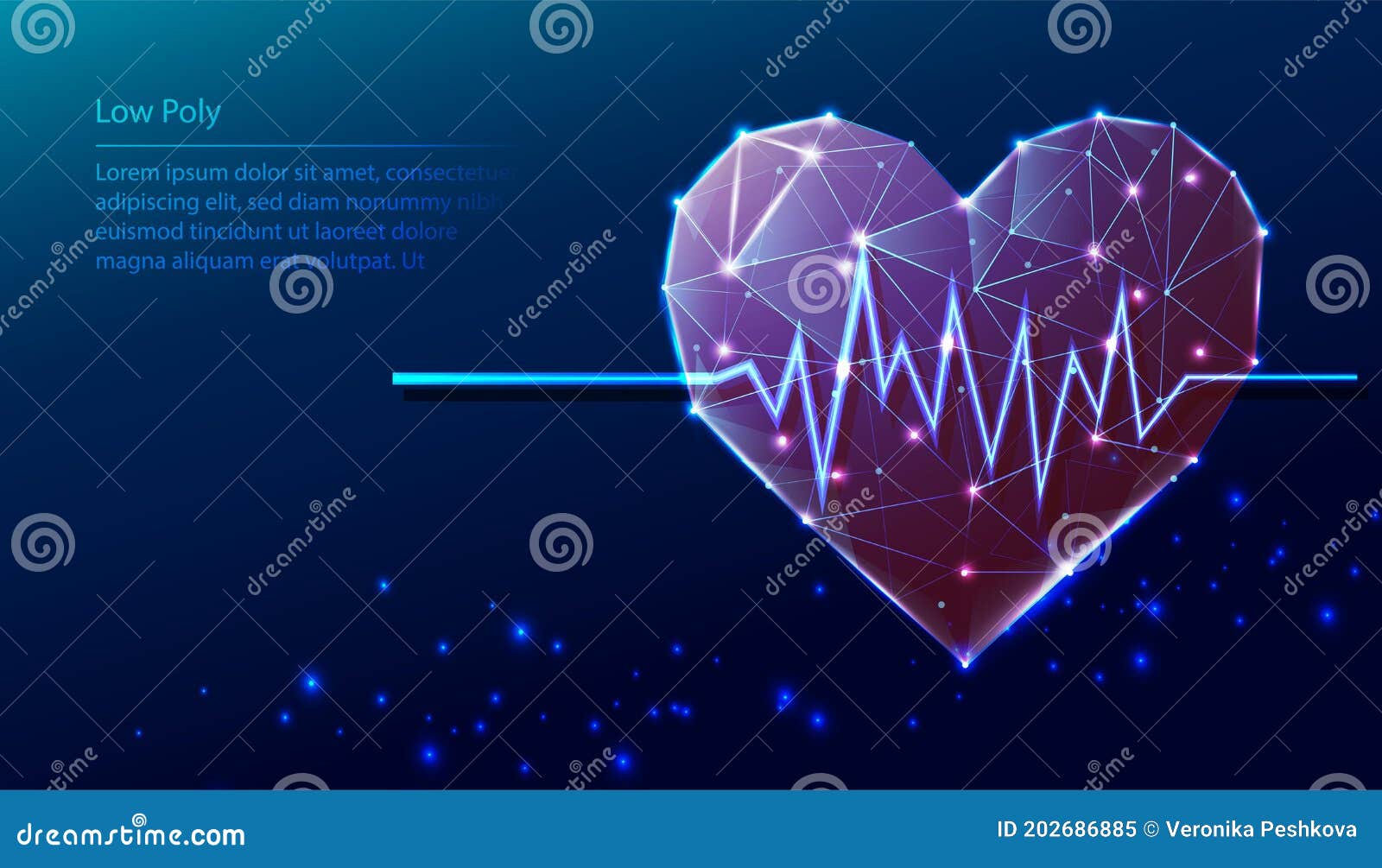  tech low poly blue background. heart  with heart beat diagramma