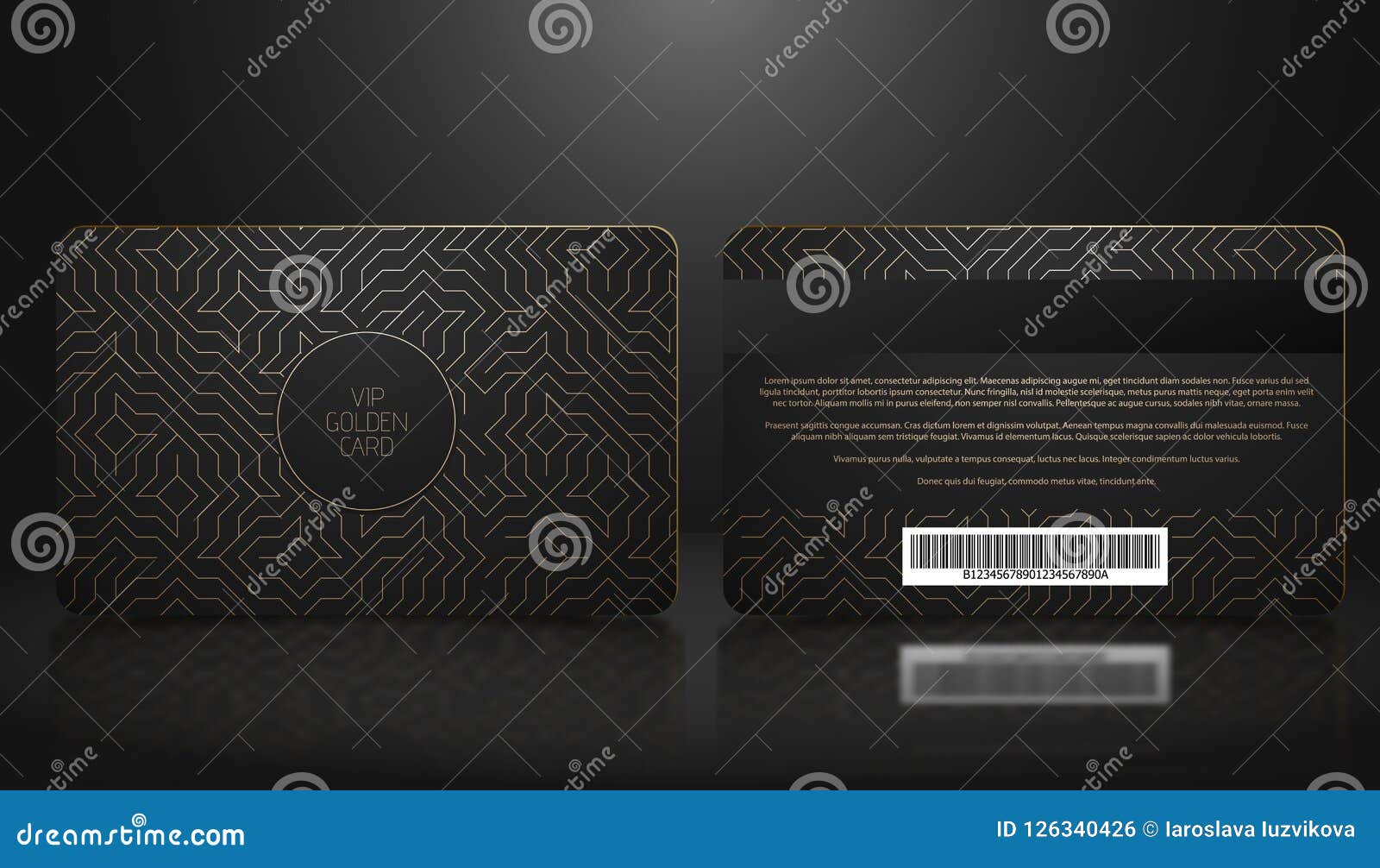  template of membership or loyalty black vip card with luxury golden geometric pattern. front and back  presentation.
