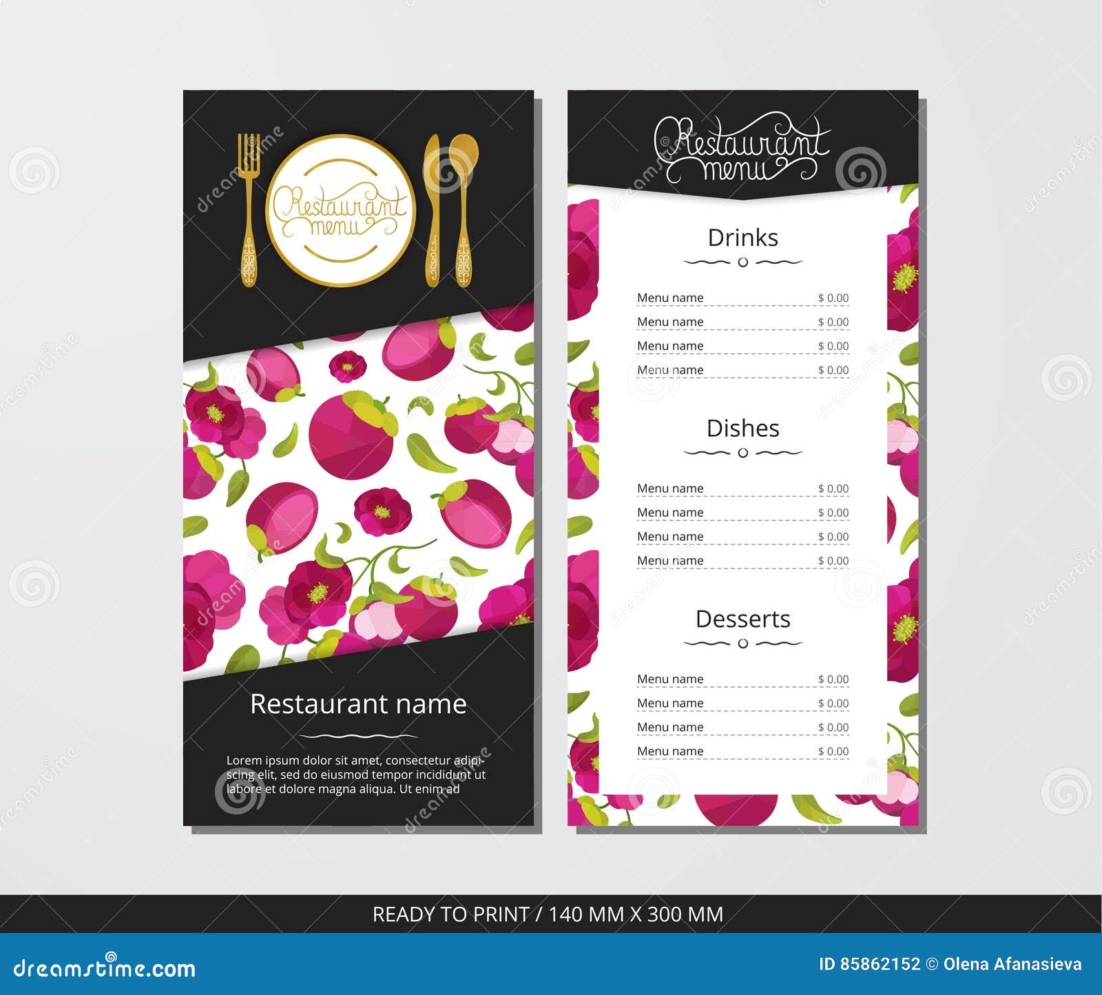 Vector Template Restaurant Menu with Gold Cutlery and Pattern Mangosteen with Flower Stock