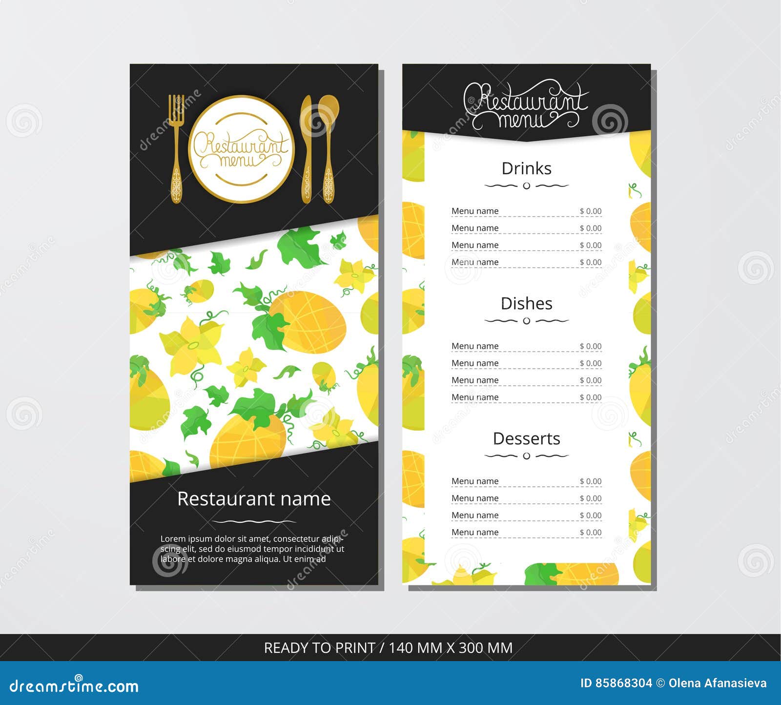 Vector Template Restaurant Menu with Gold Cutlery and Pattern Orange