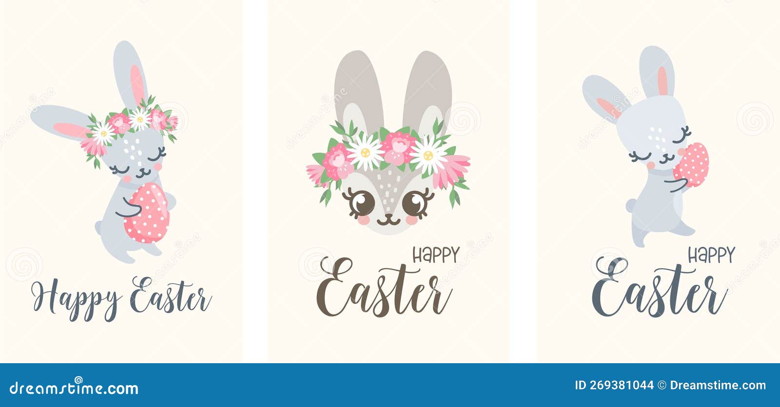 Templates for Easter Cards. Cute Bunnies with Easter Eggs. Happy Easter Lettering Stock Vector