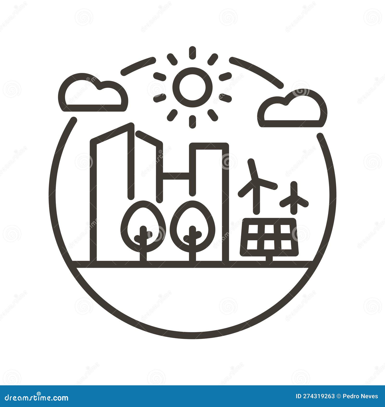  thin line icon with city skyline, wind turbines, solar panel, sun, clouds and trees. minimal outline  for
