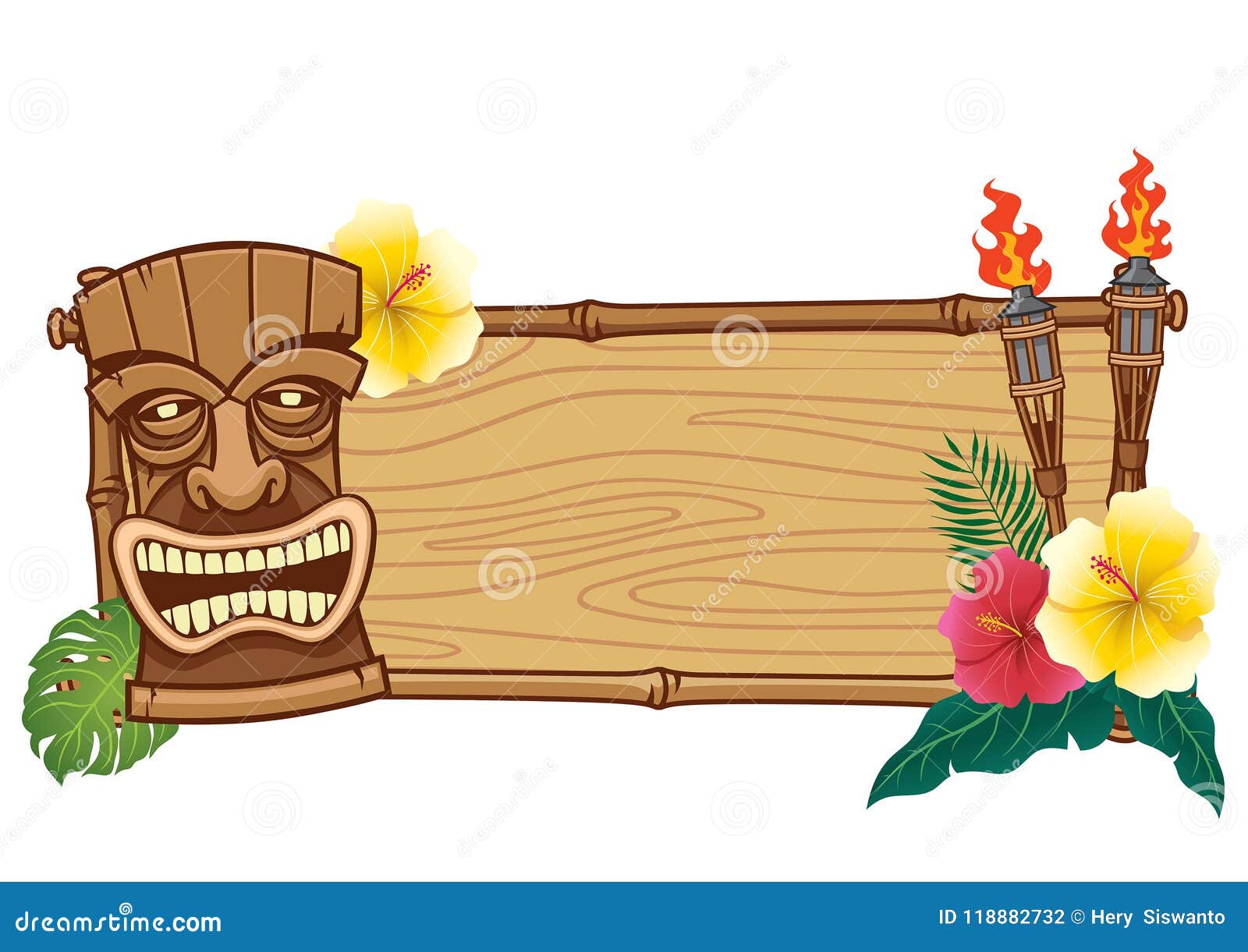 tiki mask and wooden frame for text