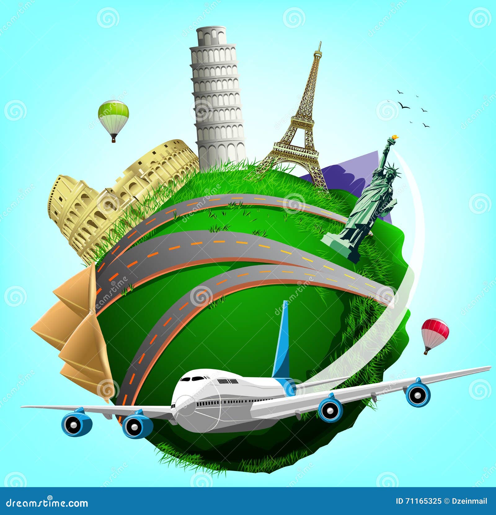 Vector Travel Green Planet with Plane and World S Famous Landmarks ...