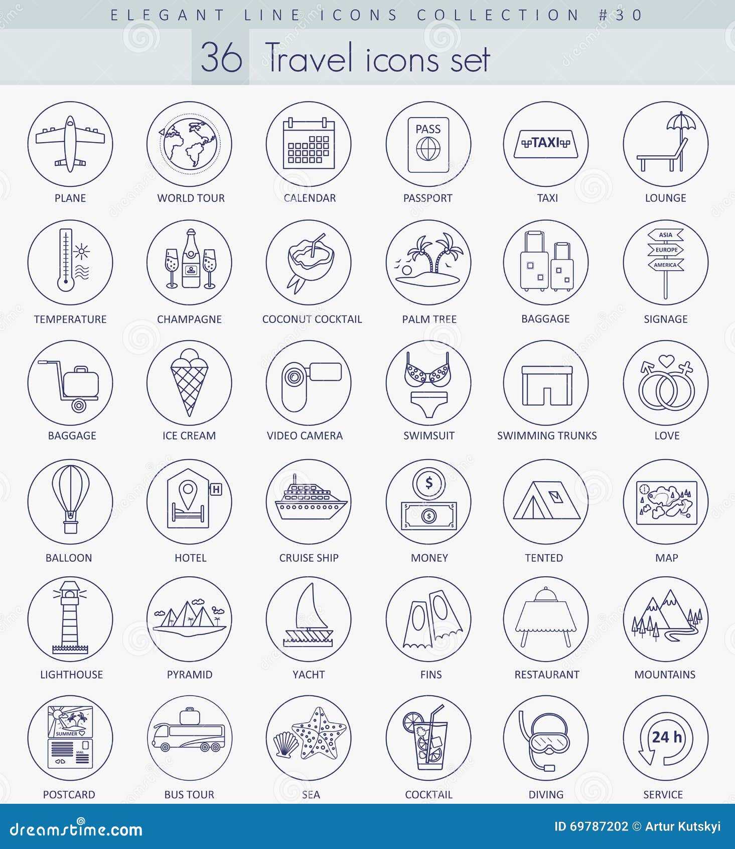 Vector Travel Outline Icon Set. Elegant Thin Line Style Design. Stock ...