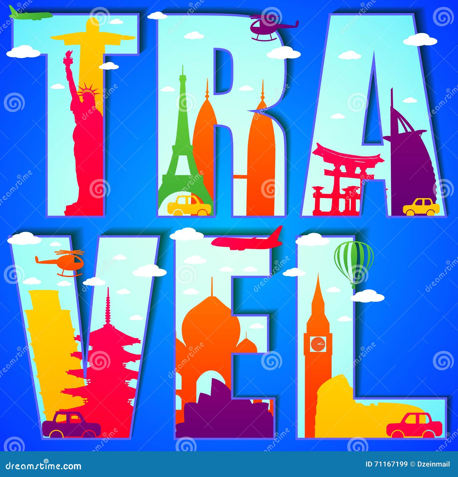 Vector Travel Text Concept with Famous Landmarks and Travel Objects ...